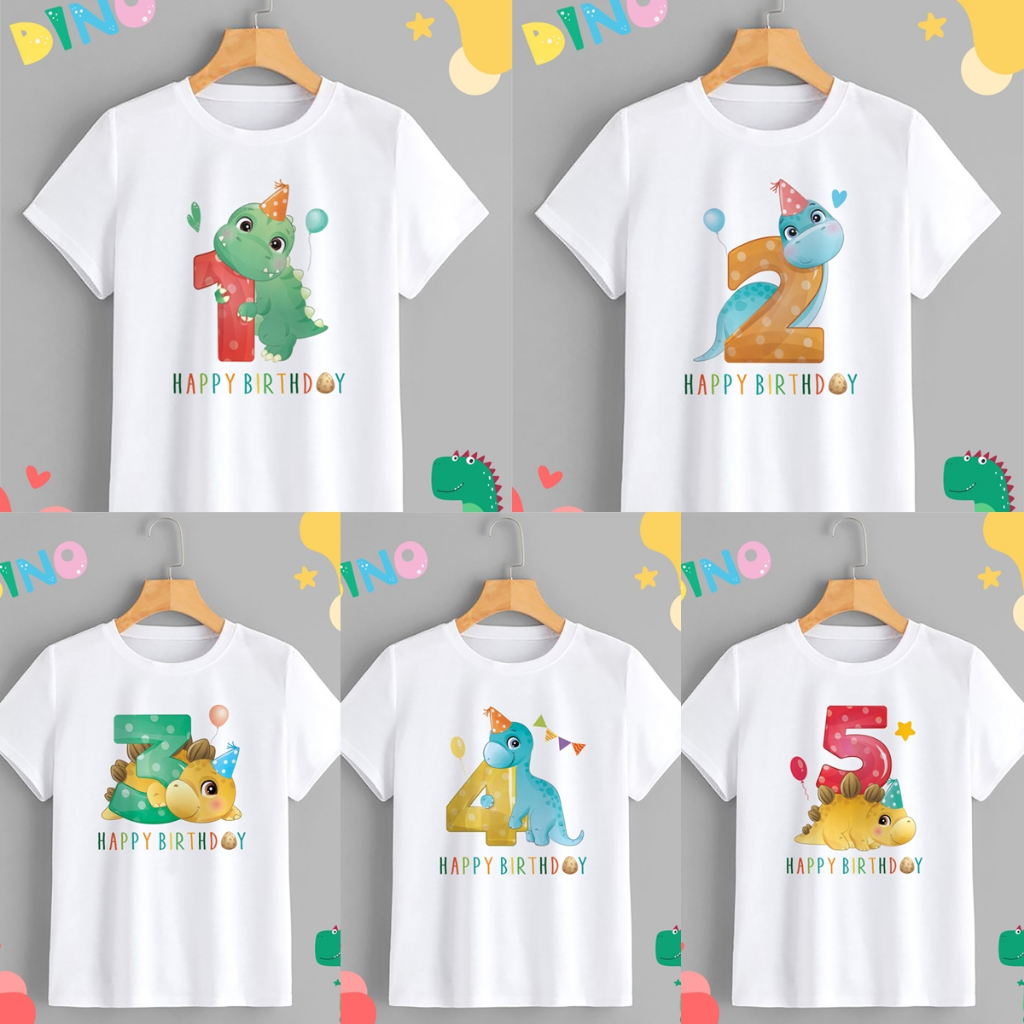 เสื้อยืดวันเกิดตัวเลข 1-5 ลายไดโนเสาร์ Happy Birthday Dinosaur สีสดใส ผ้าTK สวมใส่สบาย คอกลม