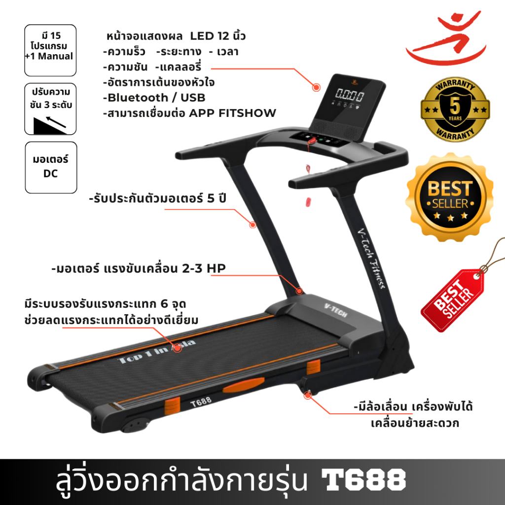 V-Tech Fitness ลู่วิ่งไฟฟ้า T688 ซื้อวันนี้แถมฟรี ซิลิโคน