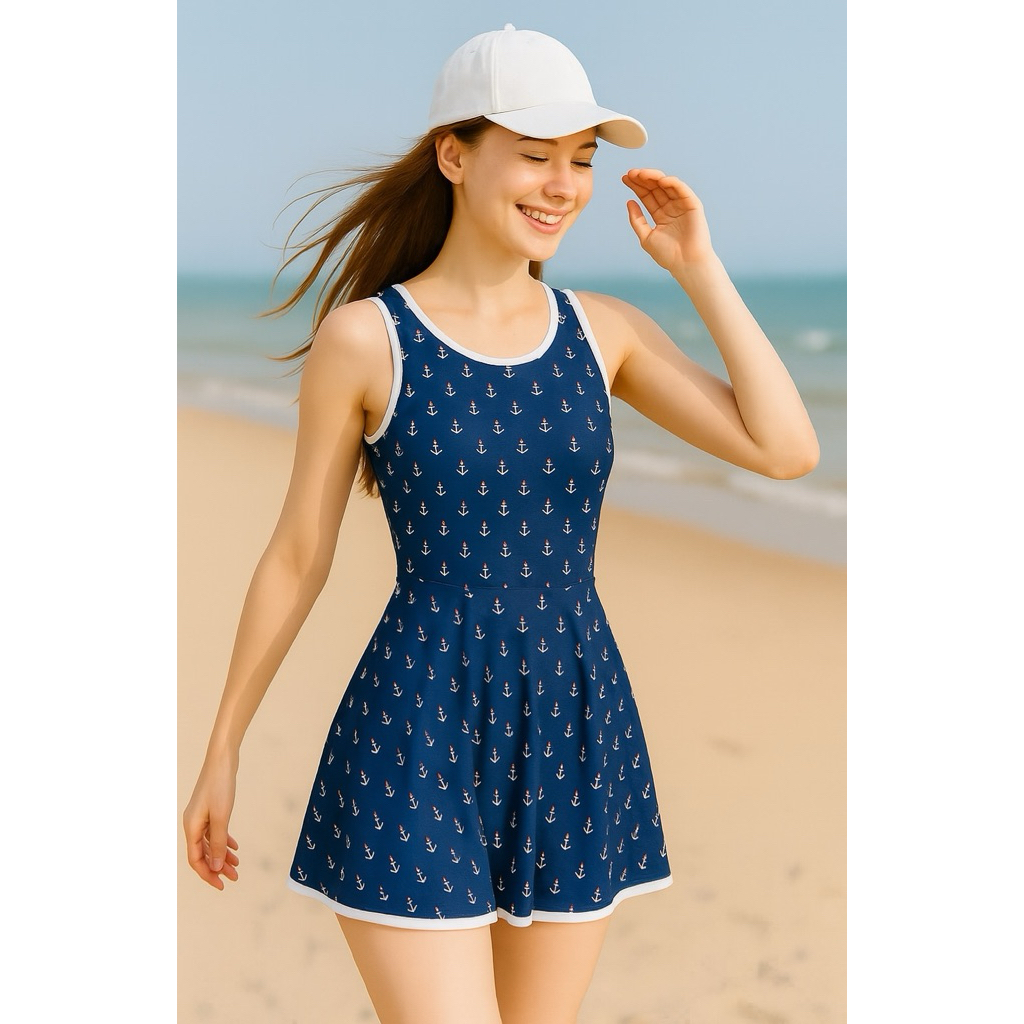 ชุดว่ายน้ำกระโปรง รุ่น Milinda 🌈 ลายสมอเรือ