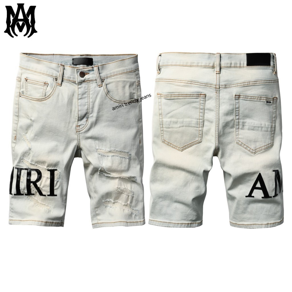 Amiri กางเกงขาสั้นยีนส์ขาดสีอ่อนสำหรับผู้ชาย กางเกงขาสั้นคลาสสิกสำหรับฤดูร้อน