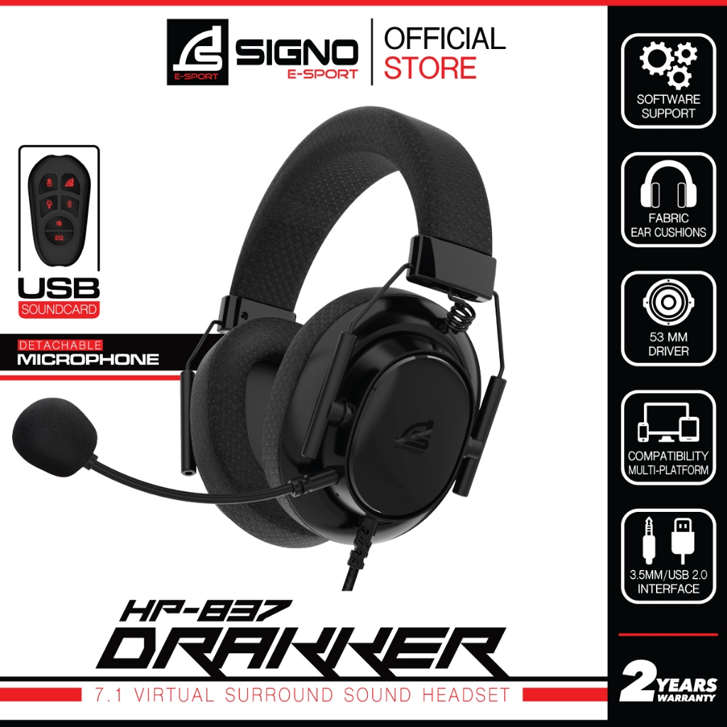 SIGNO HP-837 หูฟังเกมมิ่ง Gaming Headset ระบบเสียง 7.1 Surround มีซาวน์การ์ด+ซอฟแวร์ สายยาว 2.2ม. เชื่อมต่อแบบUSB&3.5mm