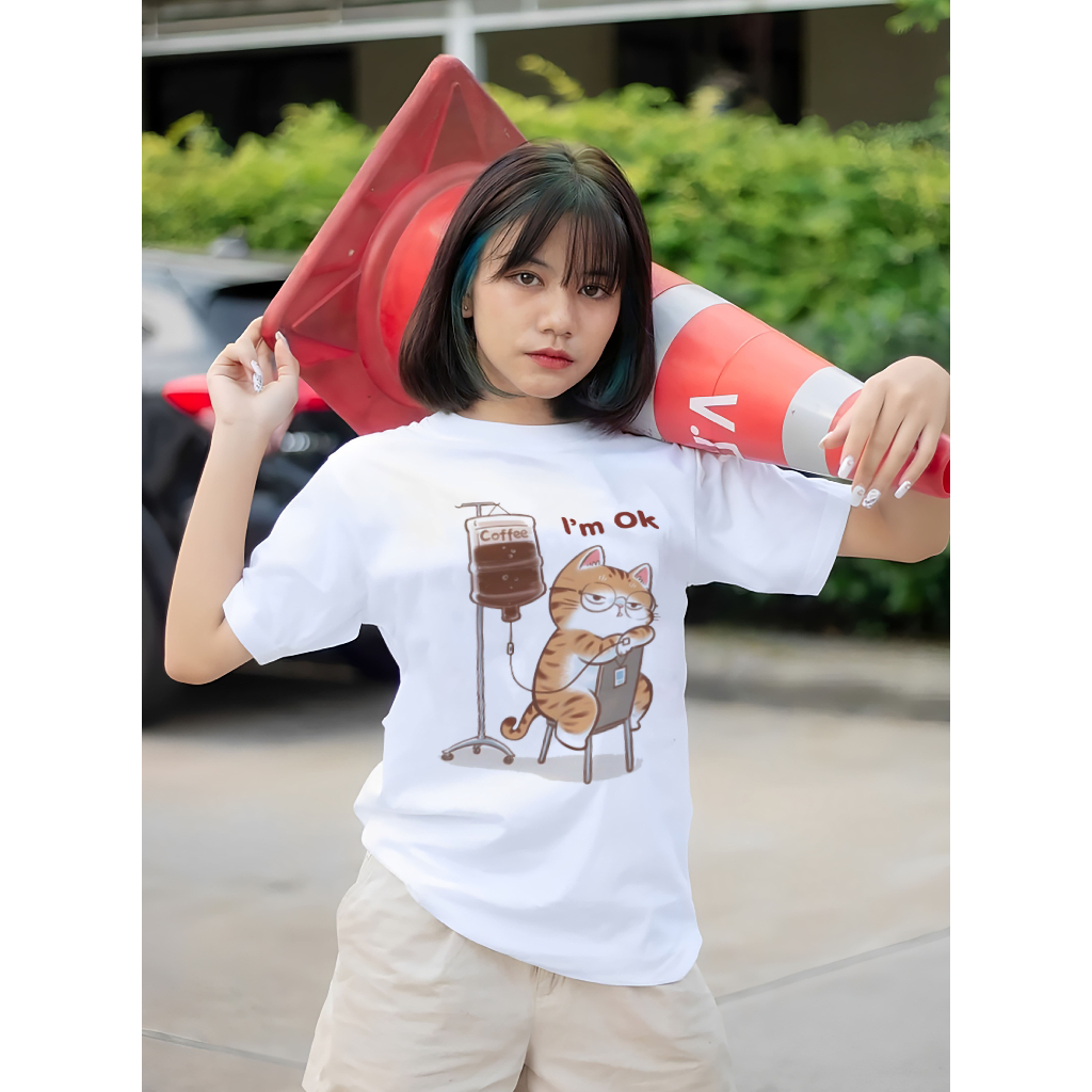 เสื้อยืดสกรีนลาย " CAT OK " เสื้อยืดผ้า COTTON 100% เสื้อยืดคอตตอน 100% เสื้อยืดผ้าฝ้าย 100%