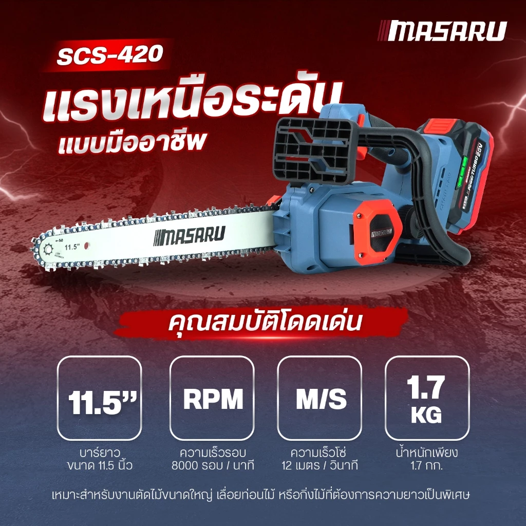 เลื่อยโซ่ไร้สาย MASARU รุ่น SCS-405/410/415/420/430/435/455 เลื่อยโซ่ เลื่อยแบต เลื่อยไม้ บลัสเลส thumbnail 7