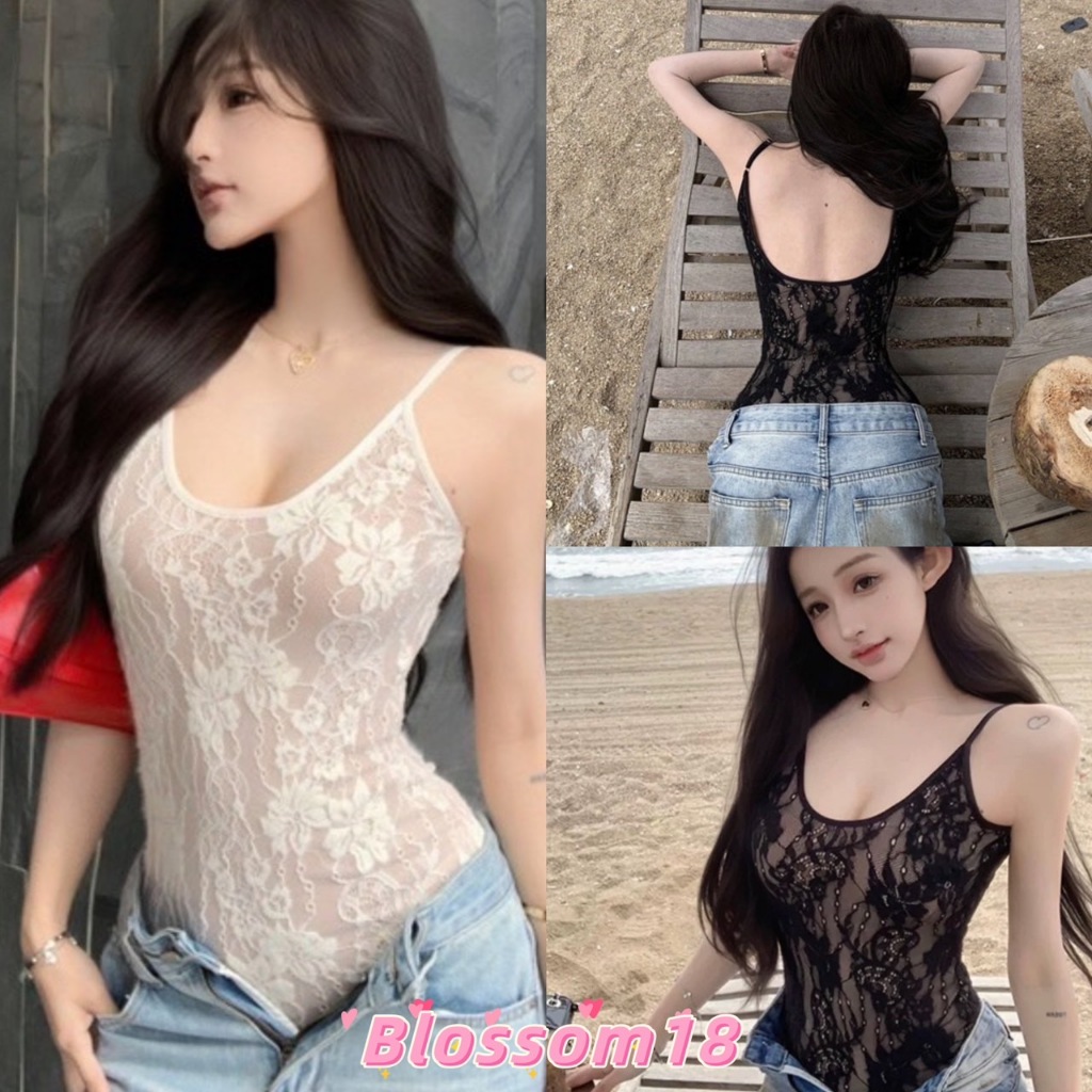 พร้อมส่ง เสื้อบอดี้สูทลายลูกไม้ ซีทรู เว้าหลังแซ่บๆ