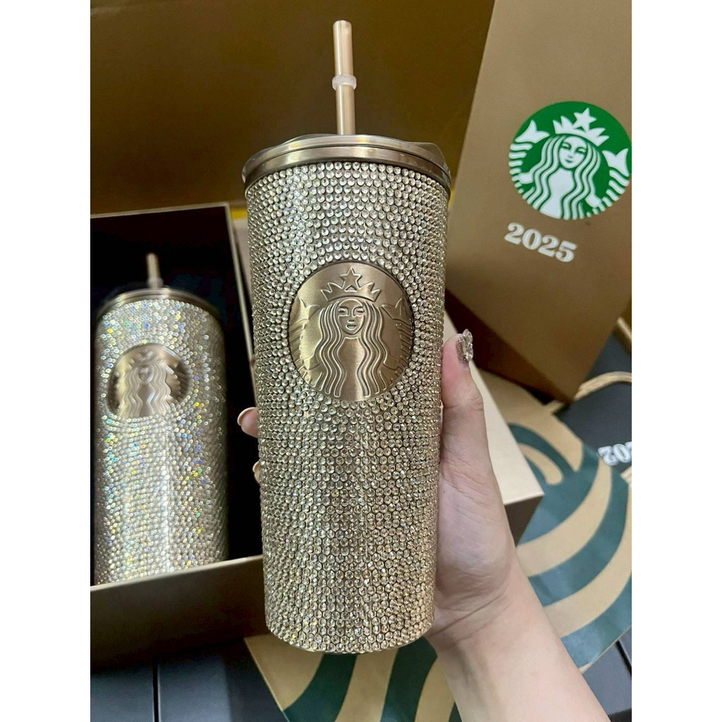 แก้ว Starbucks รูปงานจริงทั้งหมด Logo นูน  ทำจากสแตนเลส304  งาน Limited 2025 สีทองพร้อมกล่อง +หลอด +ถุงแบรนด์