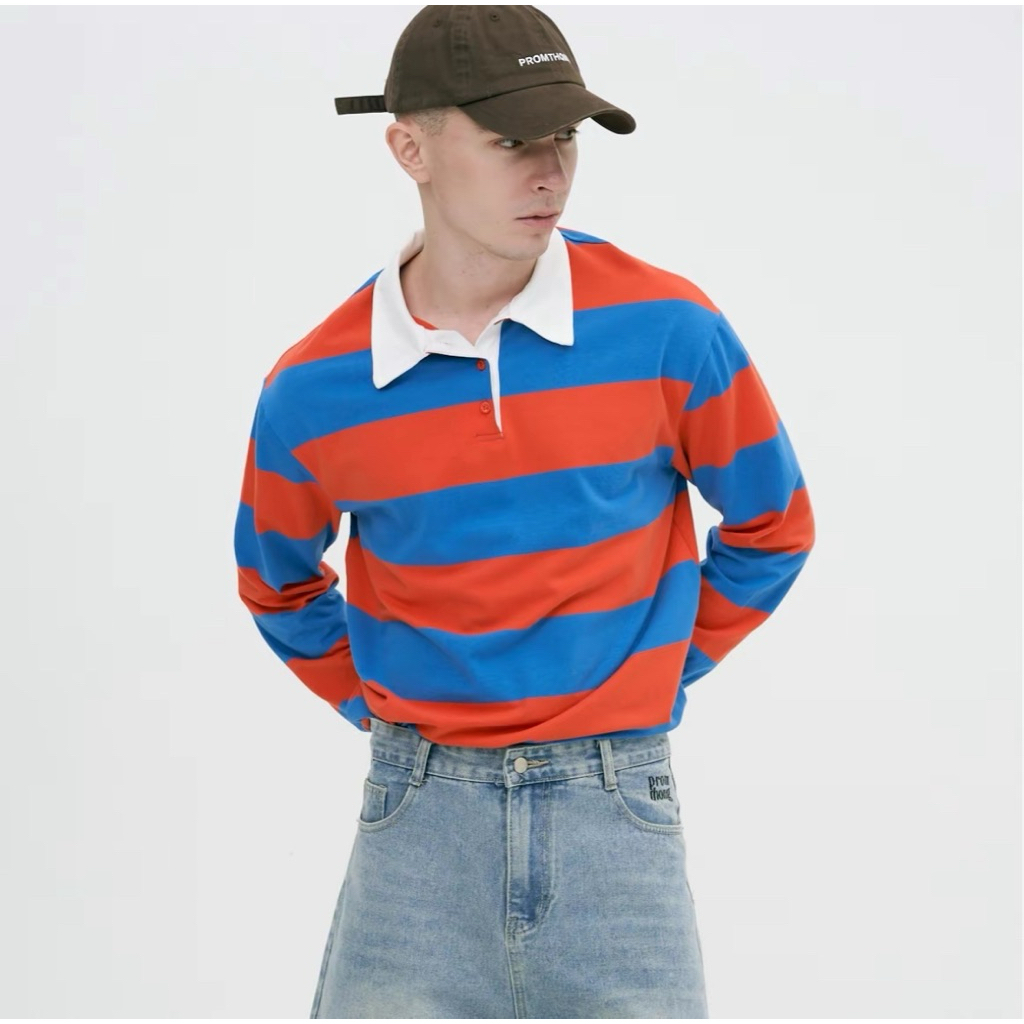 เสื้อโปโล Phomthong ลายทาง สีส้มฟ้า