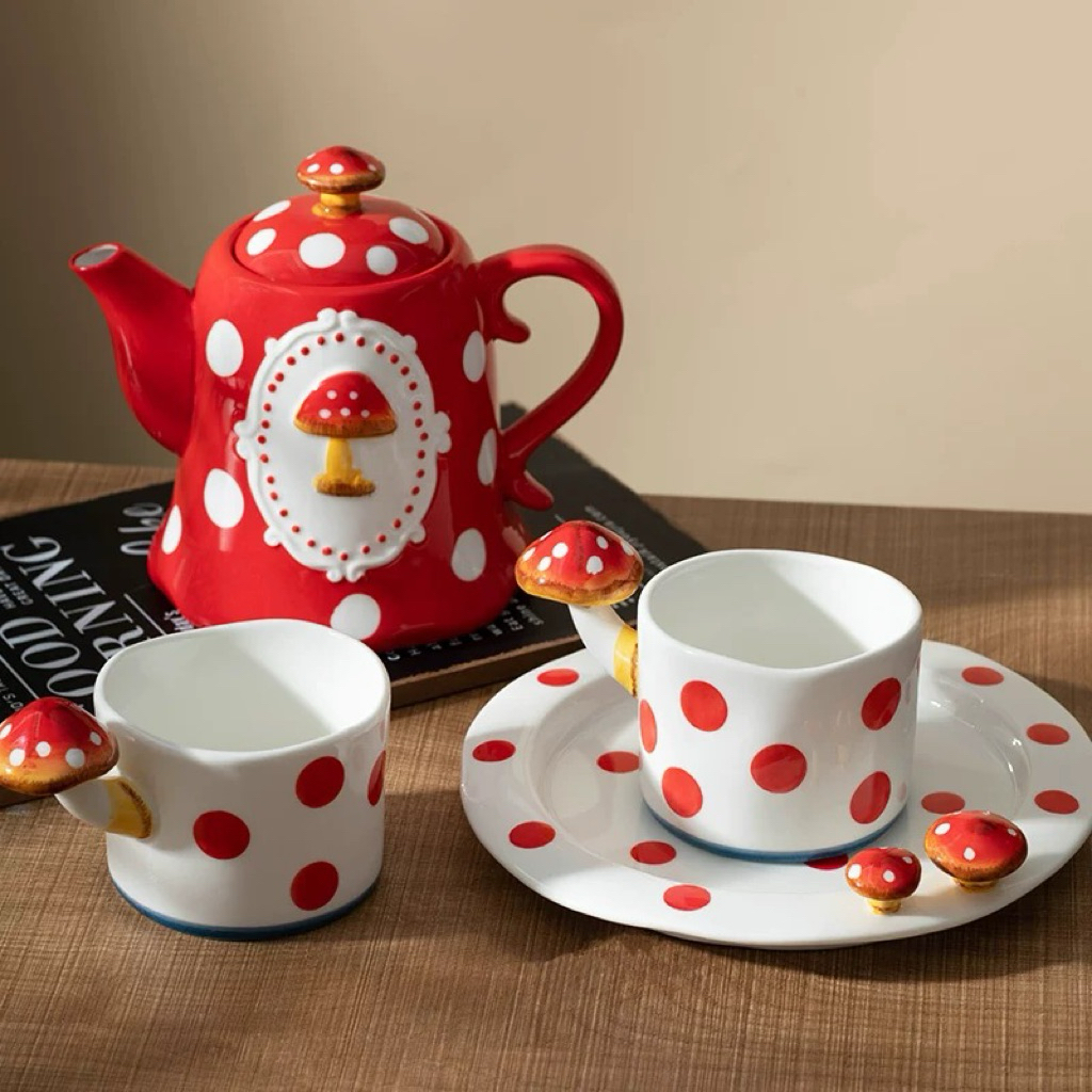 พร้อมส่งจากไทย💖Mushroom Tea Set เซ็ตกาน้ำชา แก้วน้ำ จานชามลายจุด รูปเห็ด เซ็ตชงชา ชงมัทฉะน่ารักๆ เซรามิก
