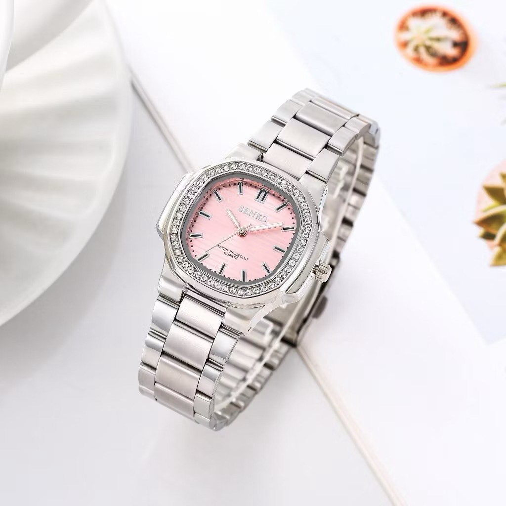 มีบริการส่งด่วน‼️ SENKQ นาฬิกาผู้หญิง กันน้ำ สายสแตนเลส นาฬิกาเพชรสี่เหลี่ยม