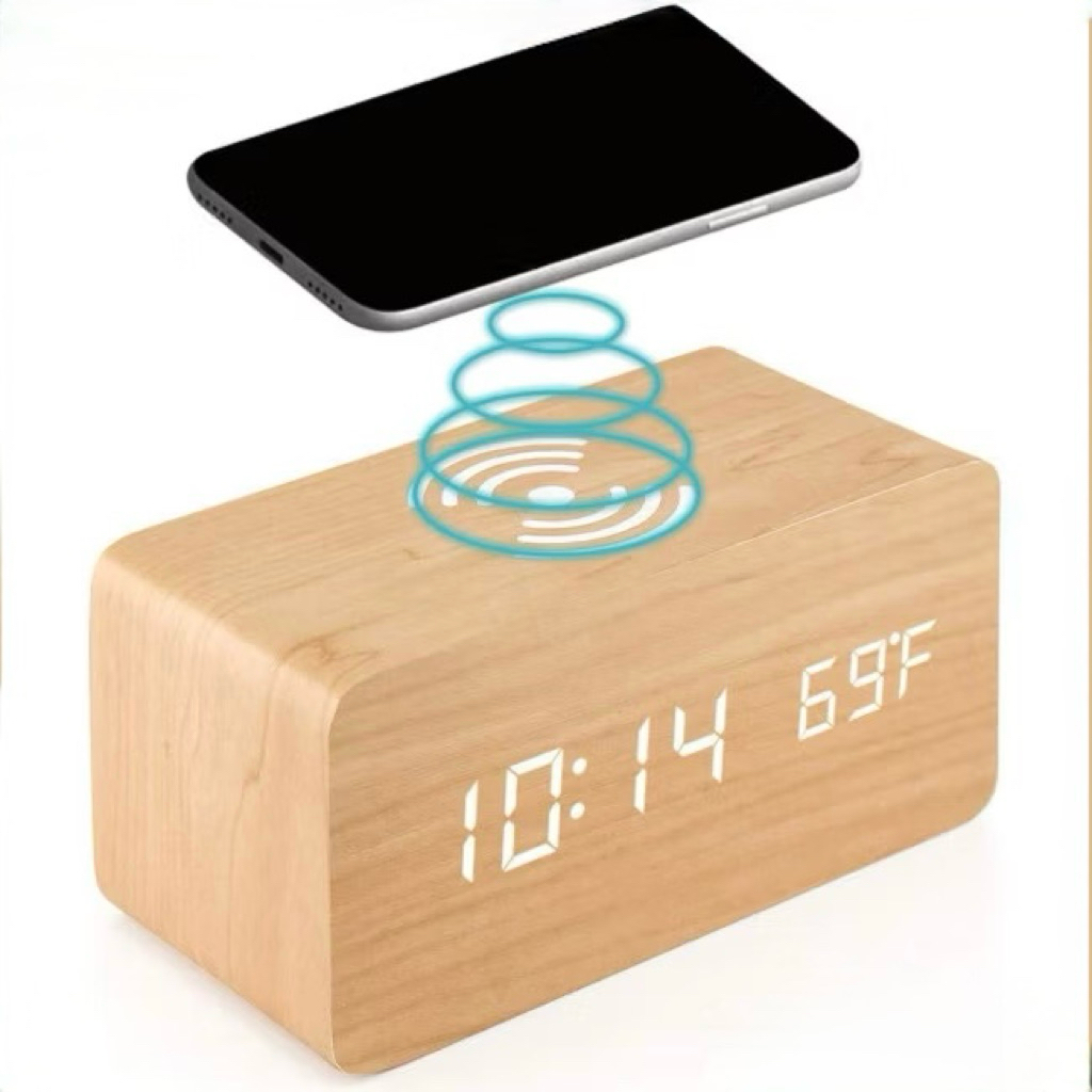 นาฬิกาดิจิตอลไม้ LED พร้อมที่ชาร์จไร้สาย Wireless Charging | สี Oak / Walnut
