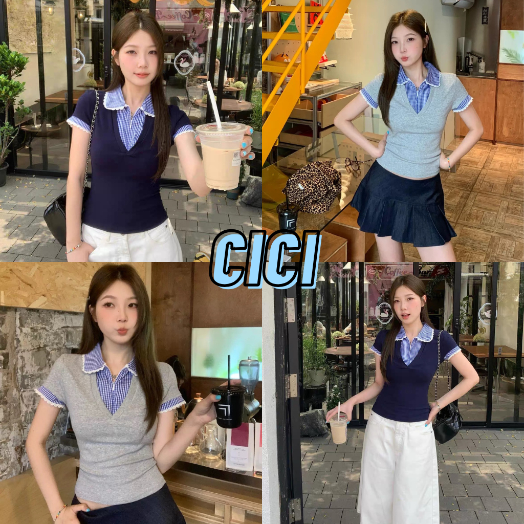 ส่งทันที Cici(NO. Y6337)เสื้อแขนสั้นผ้ายืด ดีเทลเย็บ2ชั้น คอปกลายตาราง ซิปหน้ารูดได้ สไตล์น่ารักวินเทจ