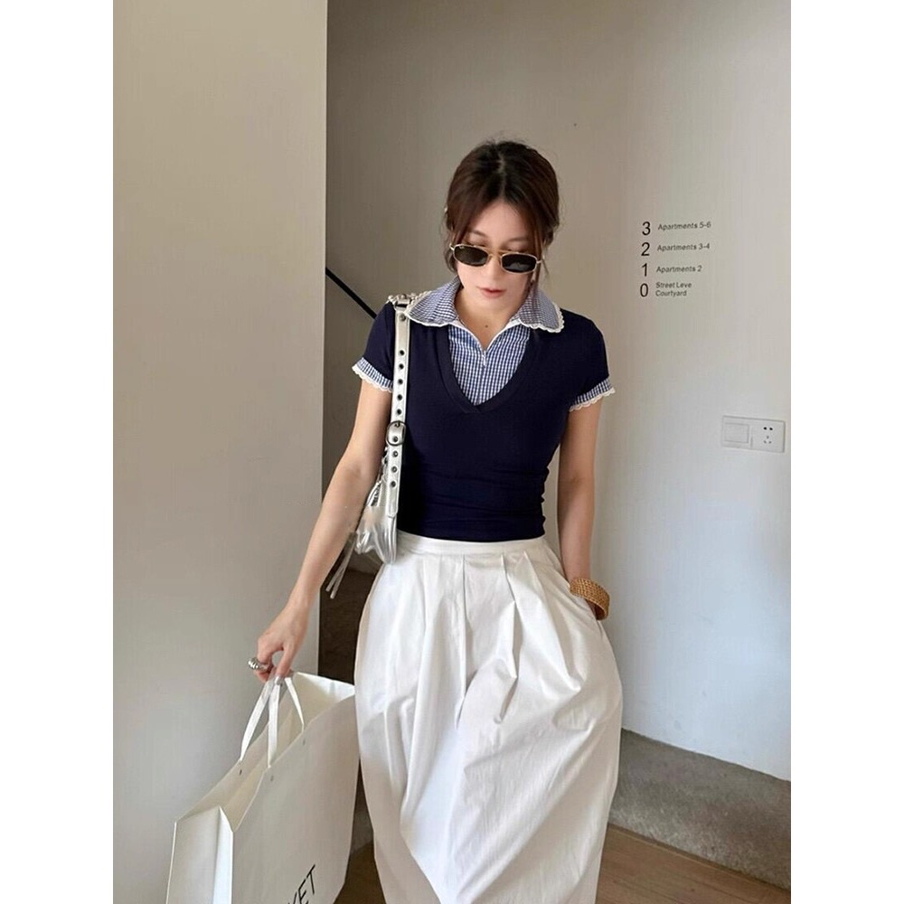 ส่งทันที Cici(NO. Y6337)เสื้อแขนสั้นผ้ายืด ดีเทลเย็บ2ชั้น คอปกลายตาราง ซิปหน้ารูดได้ สไตล์น่ารักวินเทจ - รูปที่ 2