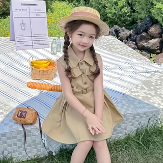 2-9 ปี ชุดเด็กเกาหลี สีกากี งานยีนส์ สาวชุดแขนกุด นิ่มสบายๆ เด็กสาวโปโลปกแขนกุด ชุดเด็ก