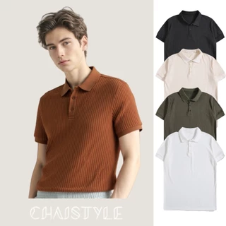 Chaistyle - เสื้อโปโลผู้ชาย วินเทจ หลวม ใส่สบาย เสื้อคอปก ลำลอง เลือกได้หลายสี
