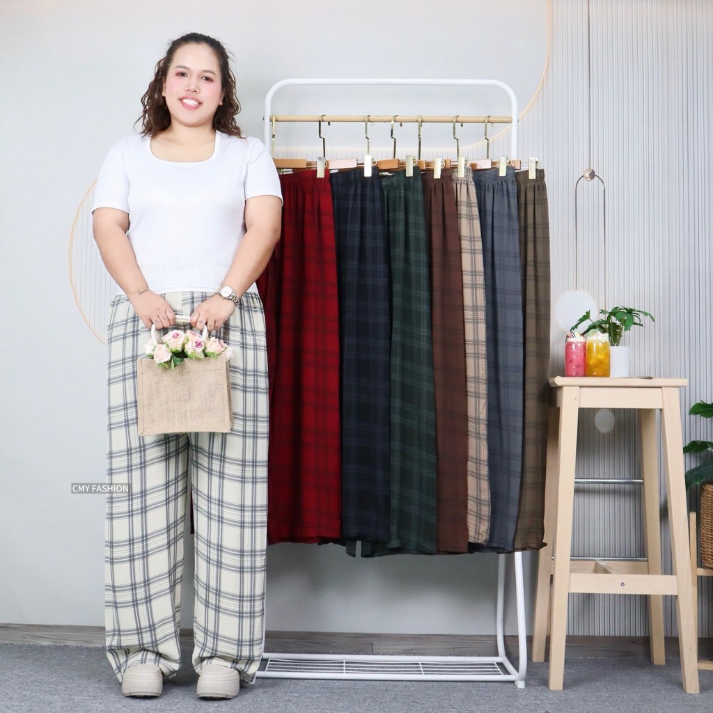 กางเกงขายาว พิมพ์ลายสก็อต ไซส์ใหญ่ ทรงขากระบอก เอวยางยืด ผ้าไหมเทียม เนื้อผ้านิ่ม ใส่ได้ทั้งชายและหญิง pb9883#