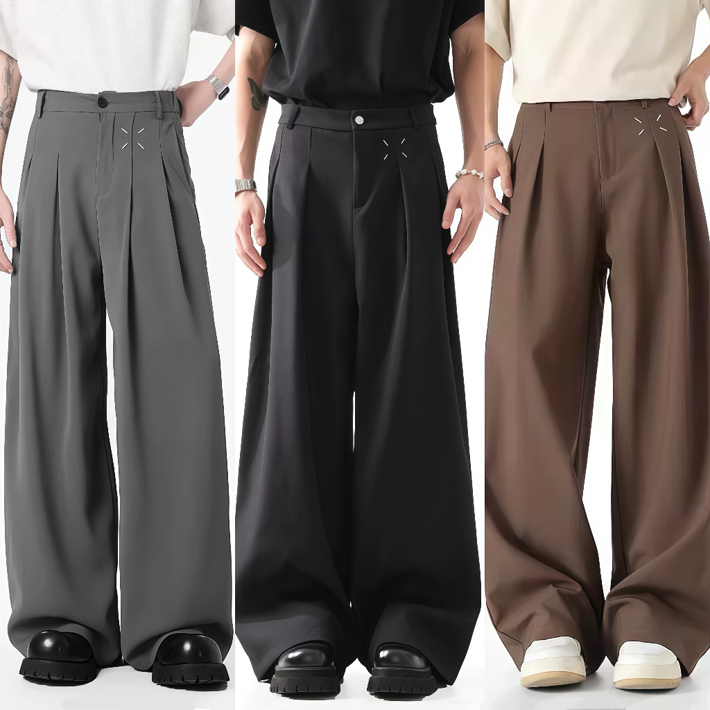 กางเกงทรงกระบอกใหญ่ ทรงหลวม ผู้ชาย กางเกงสแลคเอวสูงทรงกระบอกตรง าหนานุ่ม อยู่ทรง ยับยาก ไม่พริ้ว ชาย