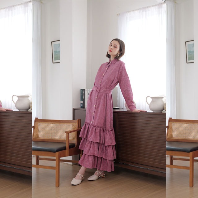 Passara Basic เดรสเชิ้ตชายระบาย สีชมพู