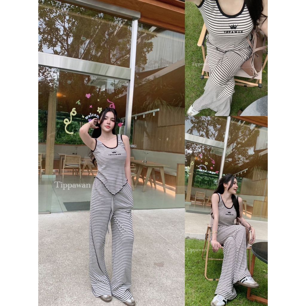 【TIPPAWAN】 TPW 81892 Set คอยู ทรงเสื้อก้าม ปลายเฉียงดีเทลเสื้อรีดเพชร  มาพร้อมขายาวให้ลุคแบบสบายๆ ดู