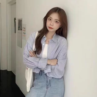 เสื้อเชิ้ตเกาหลีแฟชั่น ลายทาง ดีไซน์มินิมอล