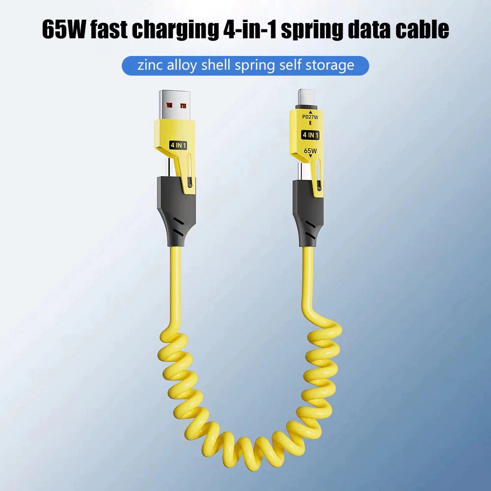 สายชาร์จเร็ว PD 65W USB Type-c สายชาร์จสปริงข้อมูล 4 in 1 อุปกรณ์เสริมรถยนต์ 1.5 ม.