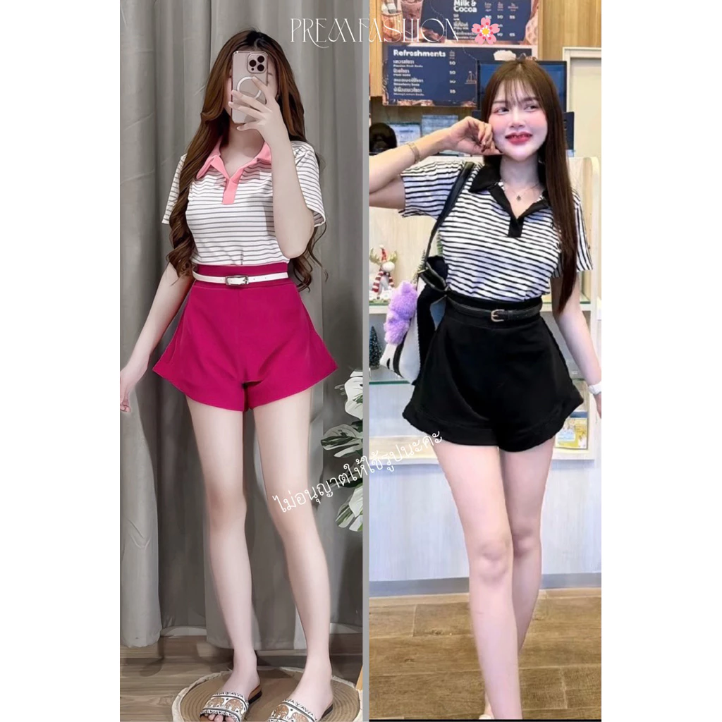 @PREM🌸เสื้อเชิ้ตแขนสั้นลายริ้ว+กางเกงบาร์บี้แถมเข็มขัด ชุดเซ็ท3ชิ้นราคาถูก🔥