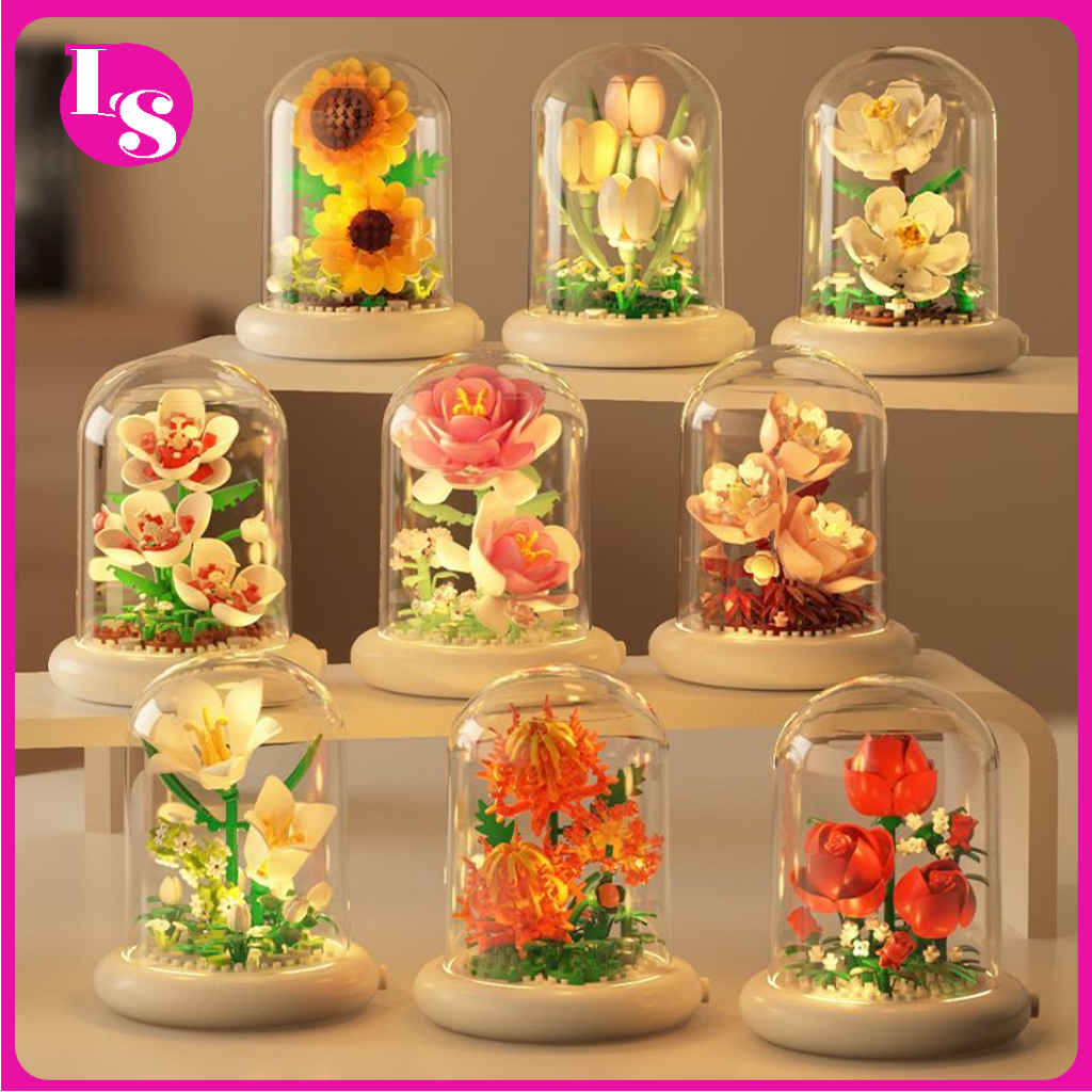🌻🌹ชุดดอกไม้ถาวรตัวต่อในโดมแก้ว  ดอกทานตะวัน ดอกกุหลาบ  ดอกทิวลิป 9cm  DIY ประกอบ ของขวัญโรแมนติก ของเล่นเด็ก <LS>