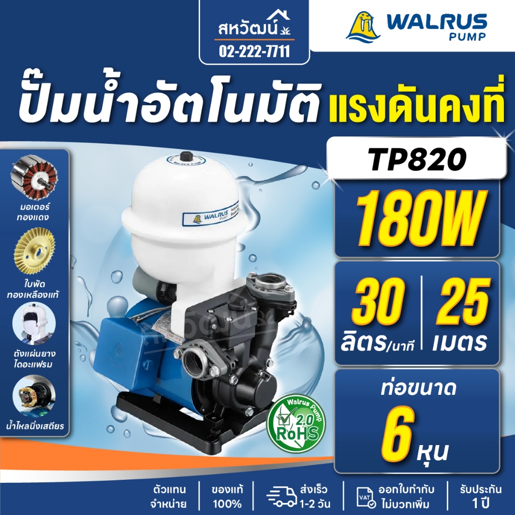 Walrus ปั๊มน้ำอัตโนมัติ Automatic Booster Pump 180W 370W ไม่เป็นสนิม รุ่น TP820P / TP825P ปั๊มออโต้