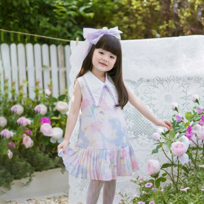La Mignonne (XS-XL) Amethyst Garden Kid Dress เดรสใส่ทำงาน ใส่เที่ยว เดรสลายดอกไม้หวานๆ พร้อมดีเทลจีบช่วงปลายกระโปรง