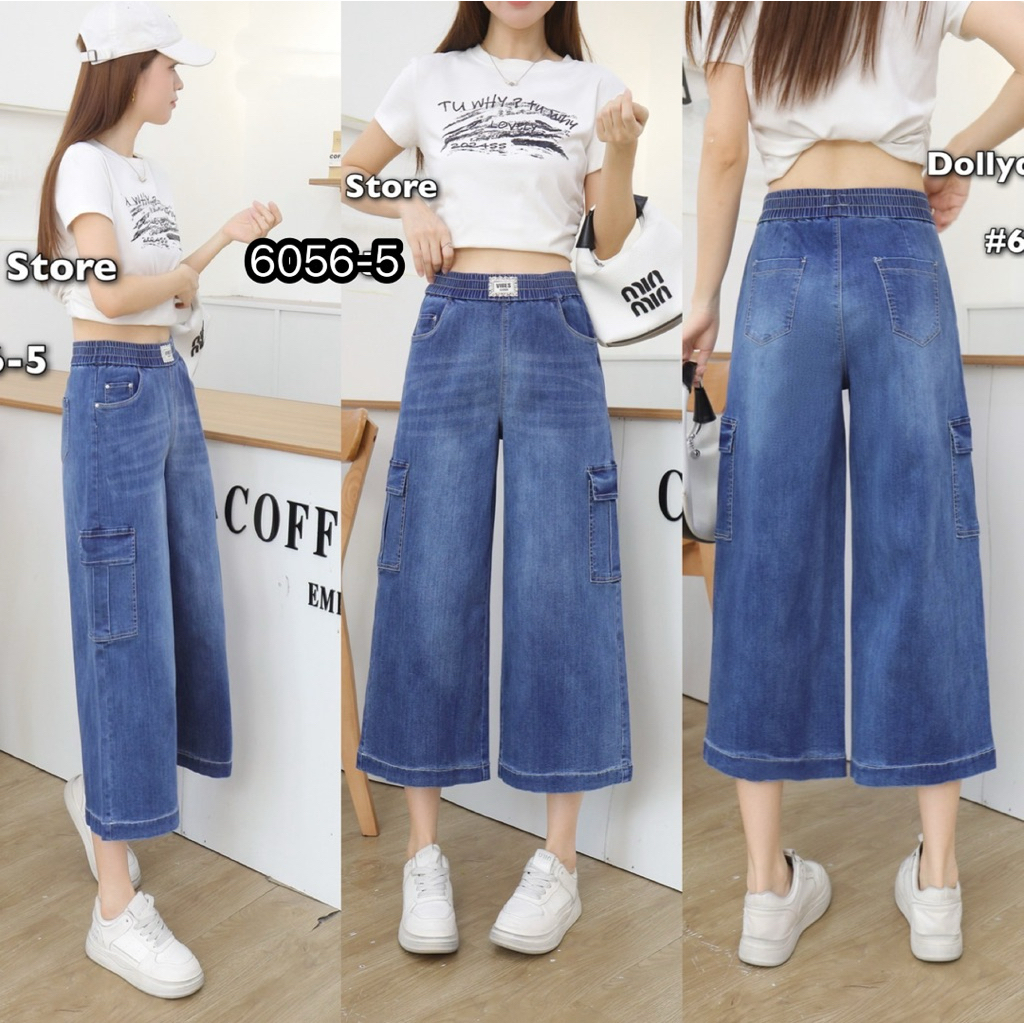 6056-5  กางเกงยีนส์5 ส่วนทรงตรง แต่งกระเป๋าคาโก้ ผ้ายืดนิ่ม