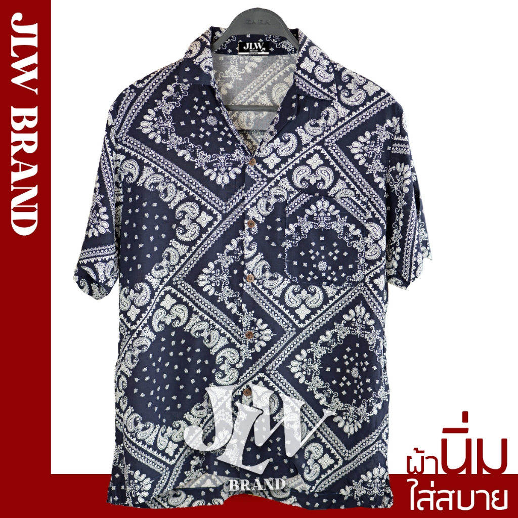 เสื้อฮาวาย ลายผ้าเช็ดหน้า กรม ผ้านิ่ม M L XL Oversize คอฮาวาย JLW BRAND