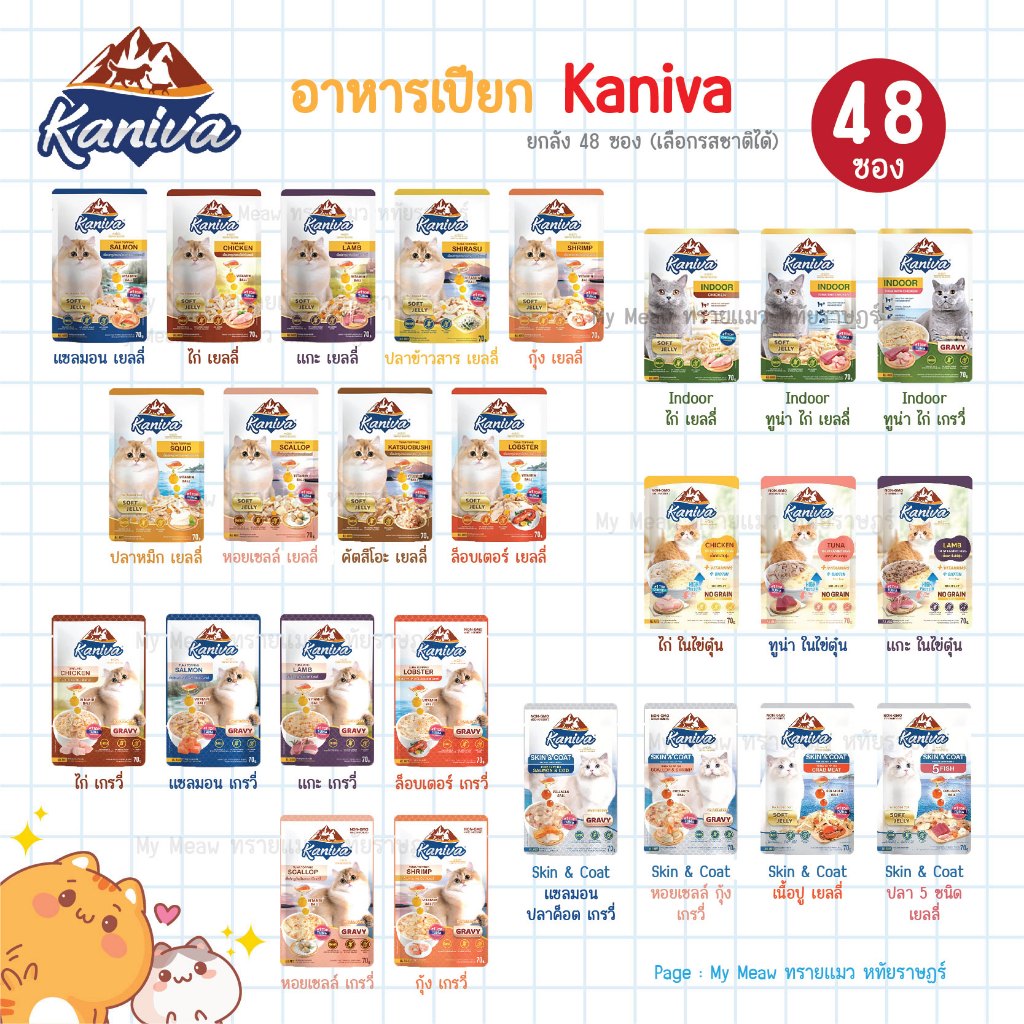 🔥 ยกลัง 48 ซอง 🔥 Kaniva Pouch อาหารเปียกแมว คานิว่า ขนาด 70 g. แมวเด็ก แมวโต Jelly, Gravy, Indoor
