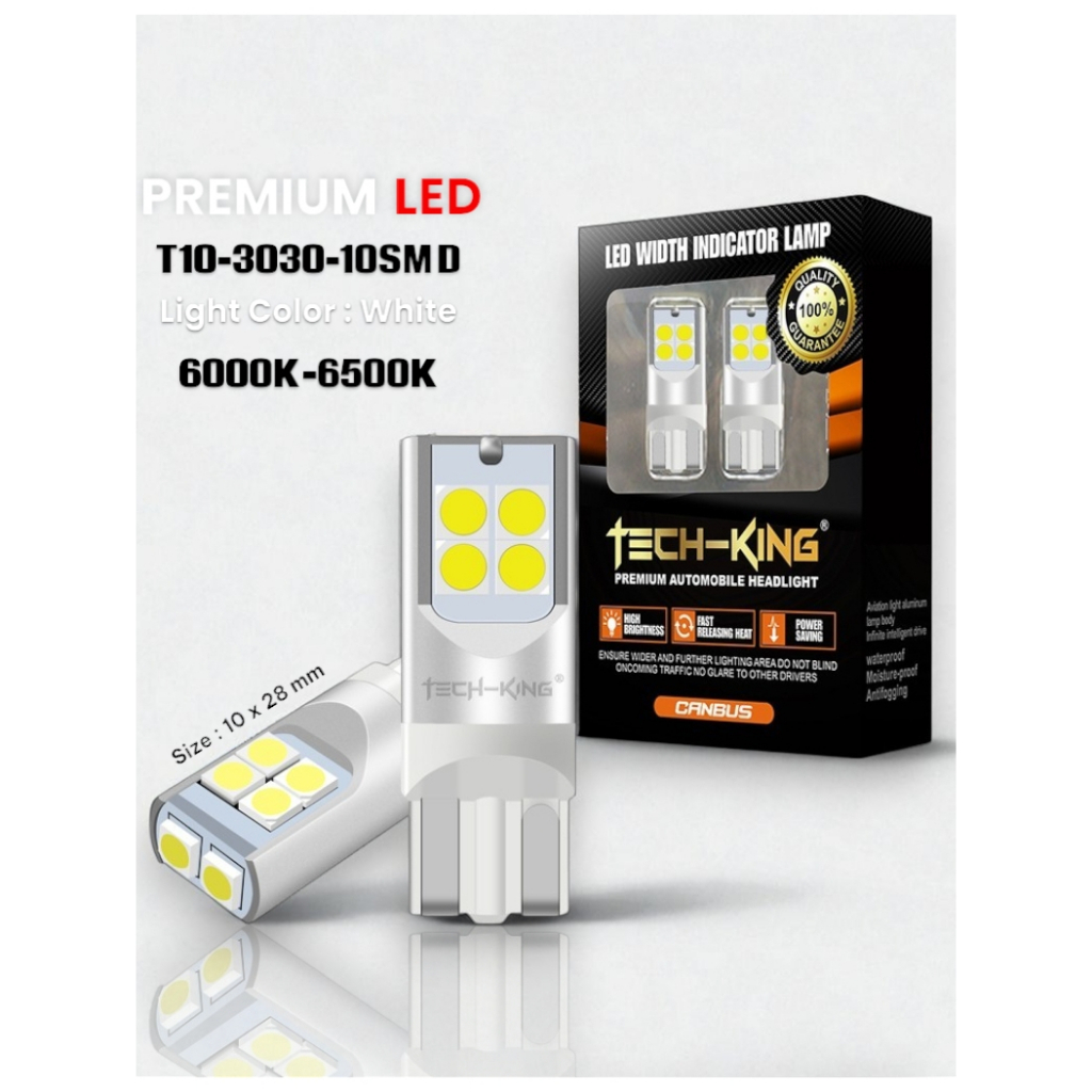 หลอดไฟ LED T10 W5W TECH-KING 12-24V รุ่นพรีเมียม สว่างคมชัด 6000K (แพ็กคู่)