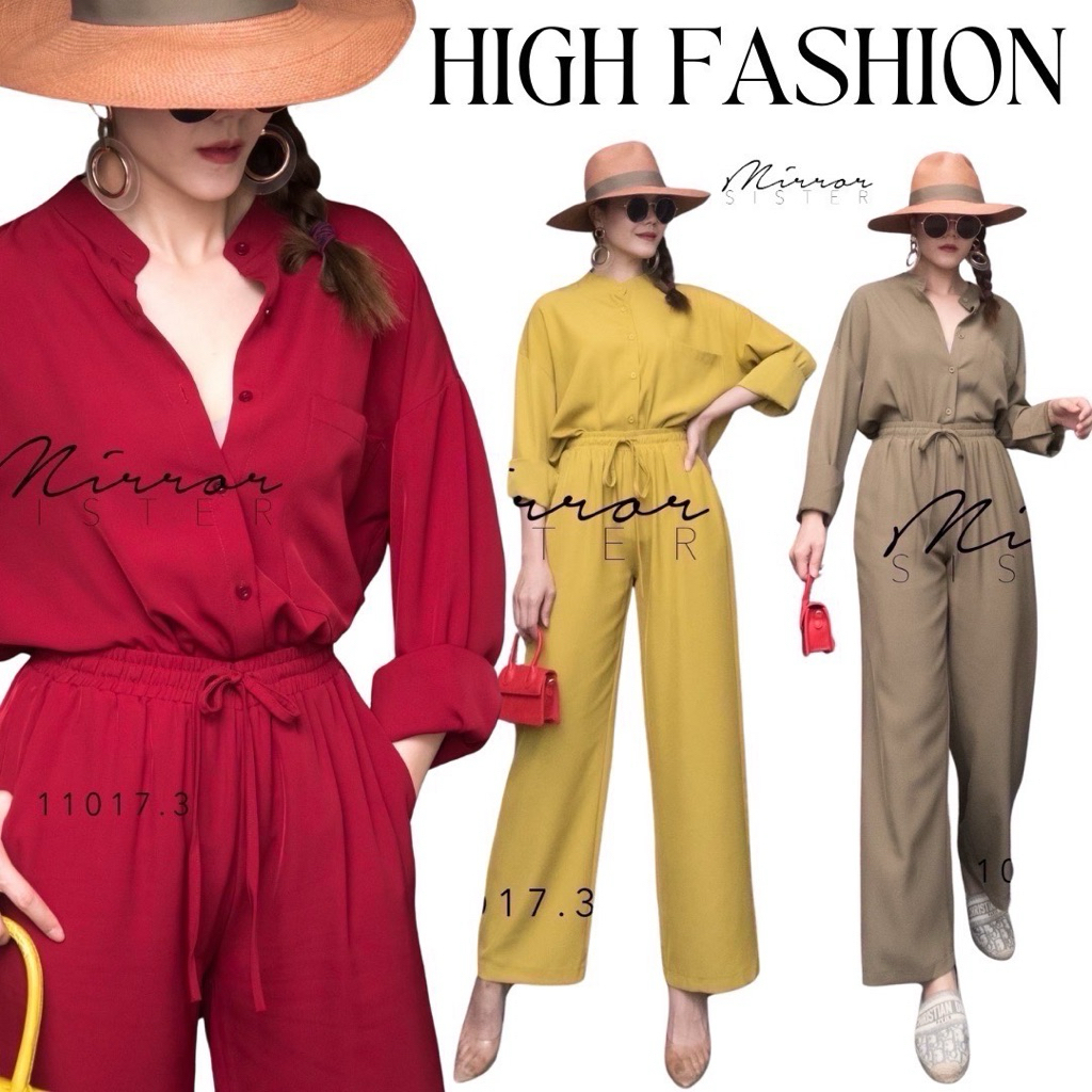 M7 Mirrorsister Set ชุดเซ็ทเสื้อเชิ้ตคอจีน+กางเกงขายาวเอวรูด สำหรับผู้หญิง เสื้อผ้าแฟชั่นผู้หญิง