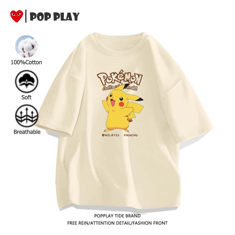 เสื้อยืด Pokemon Pikachu แขนสั้น ใส่ได้ทั้งชายและหญิง 100% cotton ใส่สบาย ไม่หด ลายพิมพ์การ์ตูนน่ารัก 2025สินค้าใหม่!