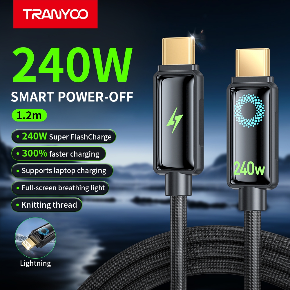 TRANYOO CC9 สายชาร์จเร็วโทรศัพท์มือถือ สายปิดเครื่องอัจฉริยะ Type-C 240W, Ligh&ning 36W, ไฟหายใจเต็มหน้าจอ