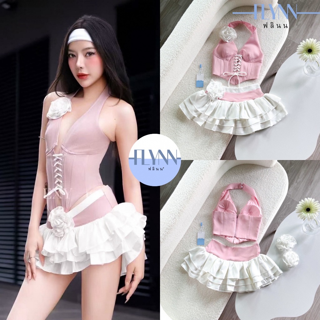 Flyn-เซ็ตคล้องคอแต่งดอกไม้สุดน่ารัก โทนชมพู-ขาวหวานละมุน ตัวเสื้อคอร์เซ็ทเข้ารูปมีเชือกผูกหน้าเก็บทร
