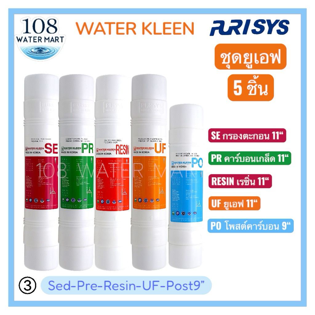 ชุดไส้กรองน้ำ 5 ชิ้น อินไลน์ I type  Kleen 11 นิ้ว Inline Water Filter Sediment Pre Carbon Resin UF Nano Post Carbon