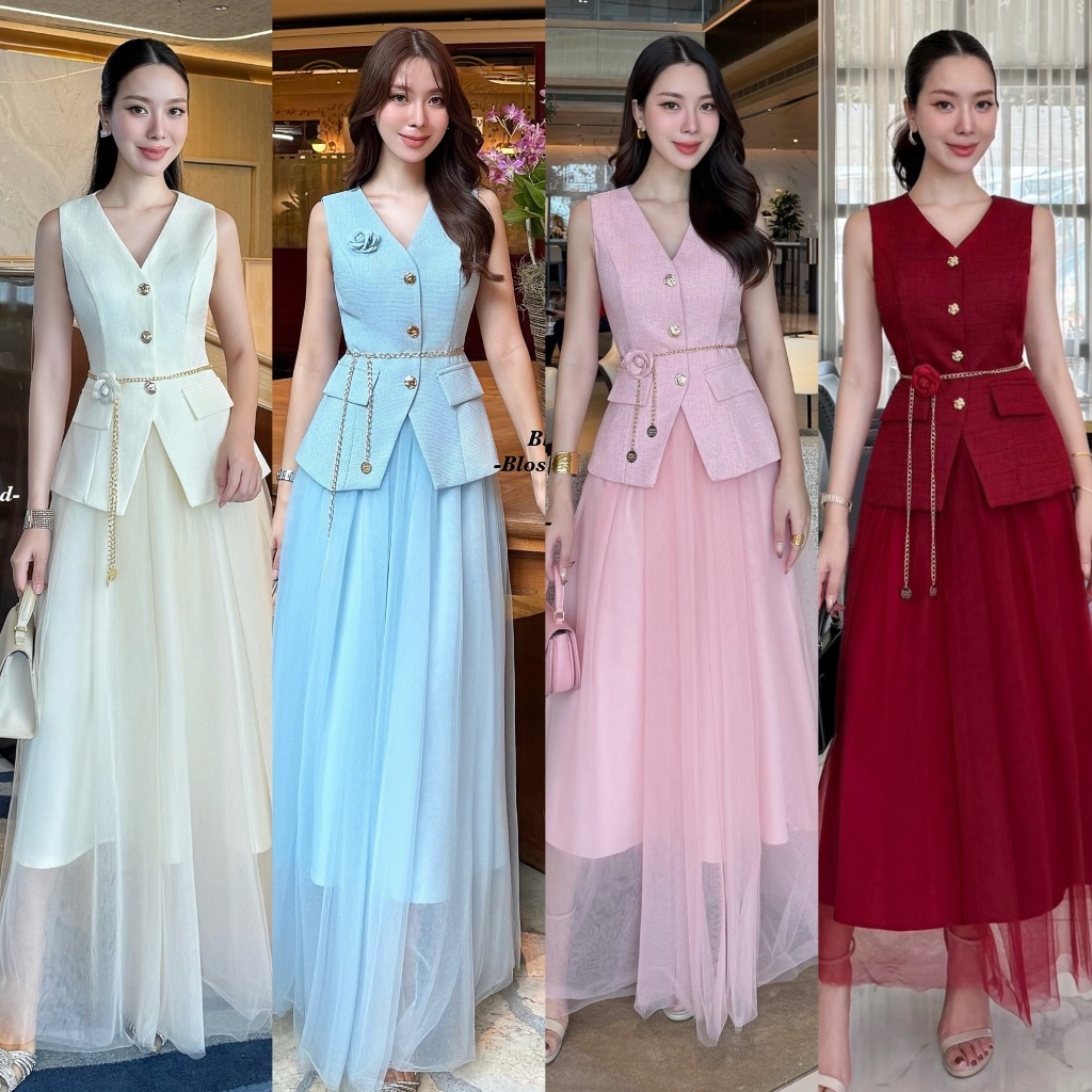 🚩ร้านโค้ดคุ้ม🚩 Blossom  เซ็ท สีชมพู เสื้อสูท +กระโปรงยาว  ใส่ออกงาน ออกเดท งานเเต่ง สวย เรียบหรู