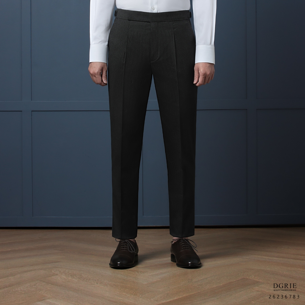 Dark Grey Stripes 0.5cm Adjusttable Waistband Extension Wool pants- กางเกงสีเทาเข้มแต่งหูปรับระดับด้านข้าง