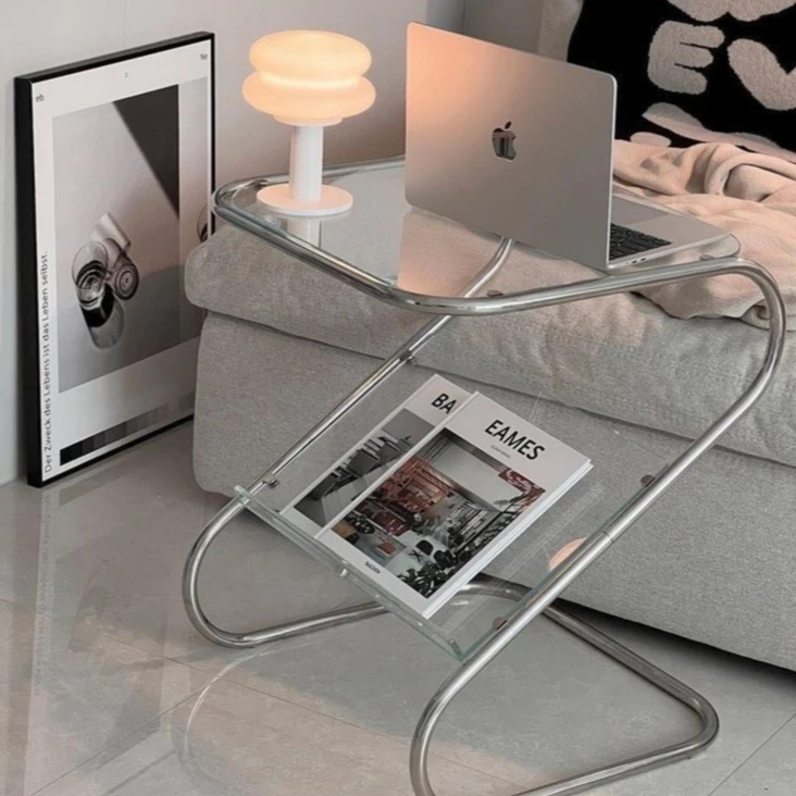 โต๊ะกระจกทรง Z Z-SHAPE GLASS TABLE โต๊ะคอมชั้นวางหนังสือสแตนเลส