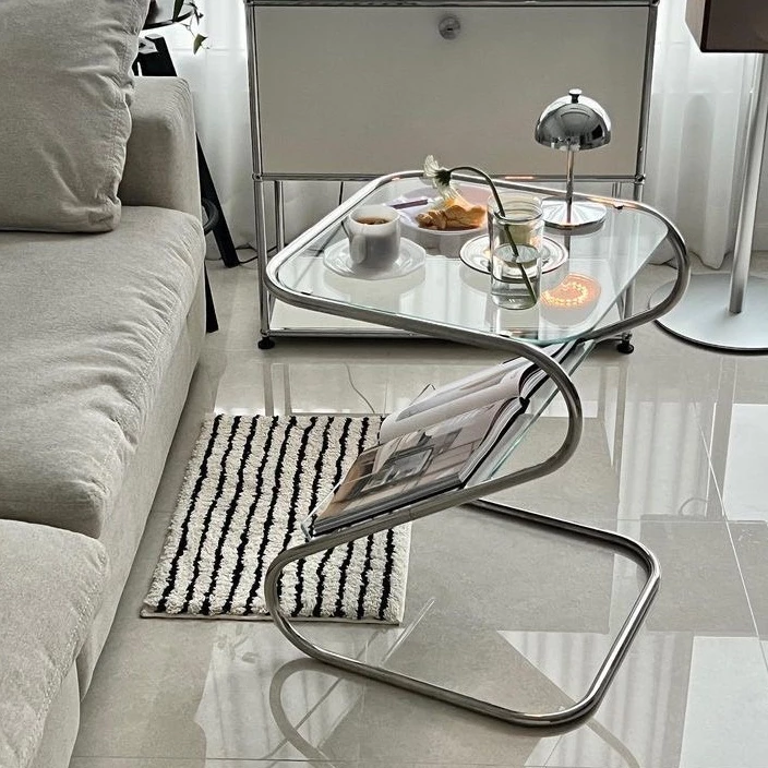 โต๊ะกระจกทรง Z Z-SHAPE GLASS TABLE โต๊ะคอมชั้นวางหนังสือสแตนเลส thumbnail 3