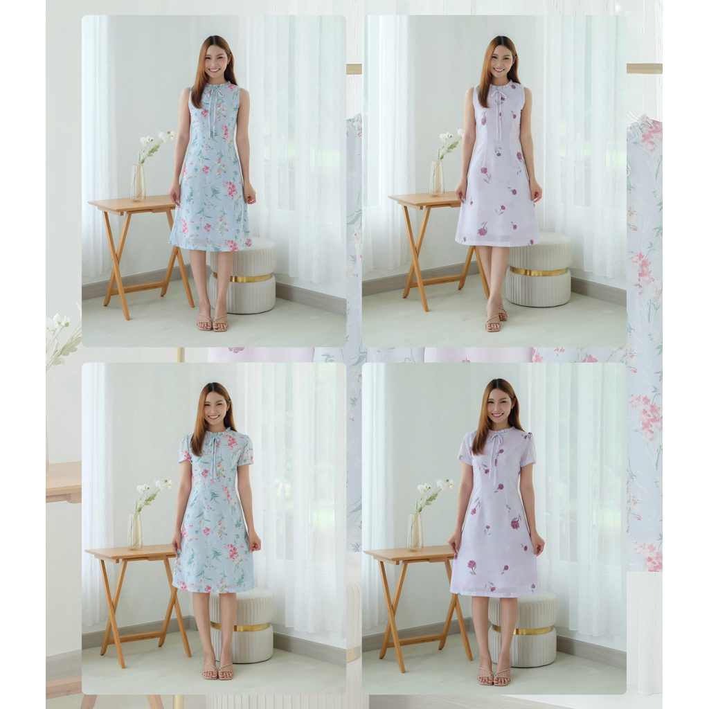 ✨🌸เดรสคอระบายเข้ารูปโบว์ไส้ไก่ (ไซส์ดูรูป2-4)Limited fabric📌ไม่มีปรับไซส์🩵💜