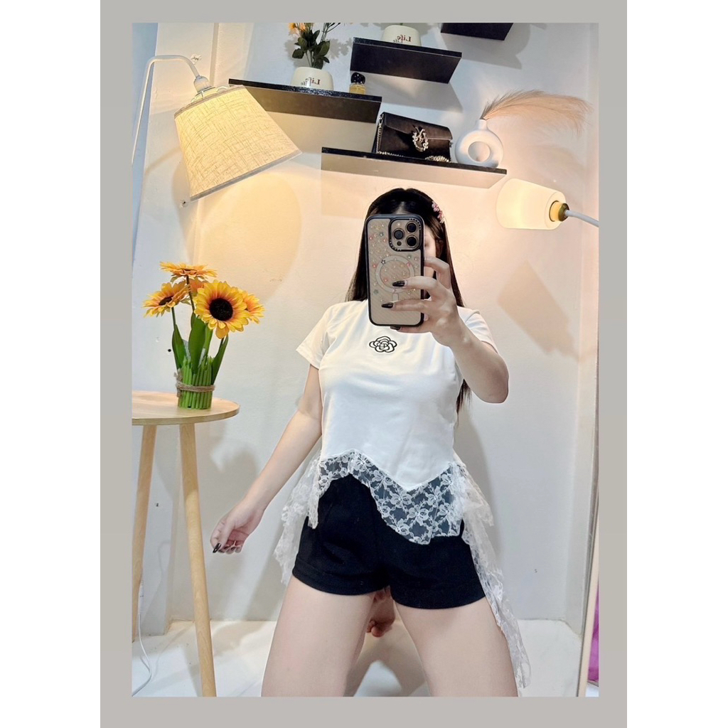333 เสื้อยืดสาวอวบ ปักดอกไม้แต่งระบายลูกไม้น่ารัก :อก34-50