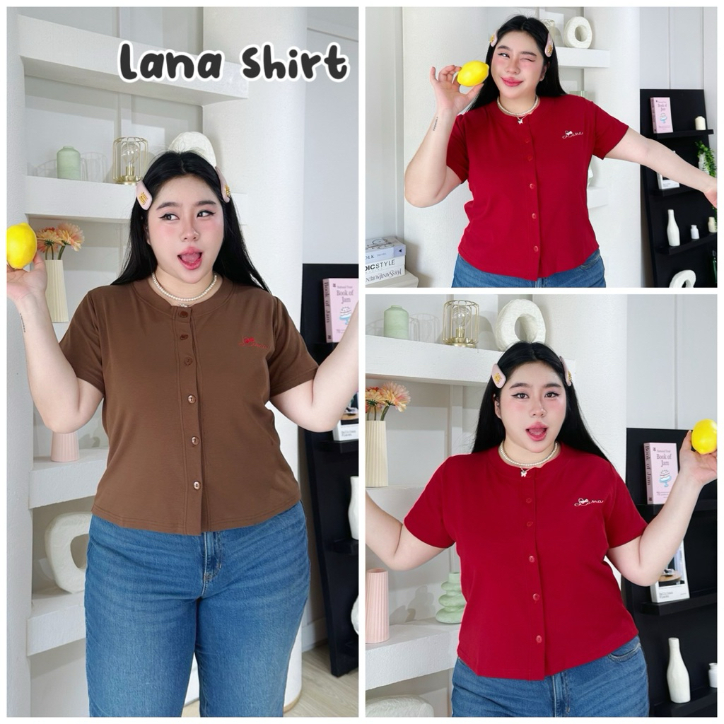 [ T49 ] เสื้อยืดยูนิคอกลม กระดุมหน้า แต่งปัก Lana รอบอก 36-52"