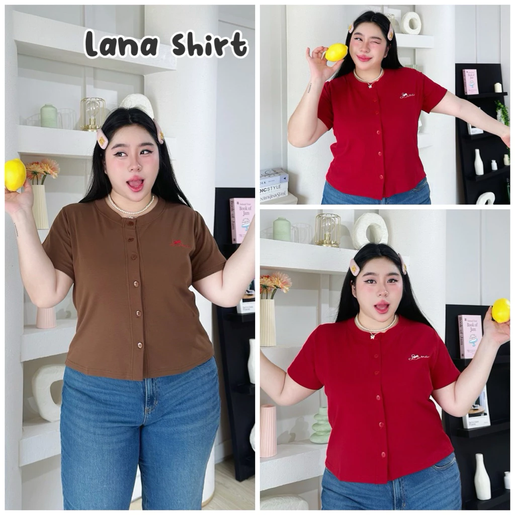 [ T49 ] เสื้อยืดยูนิคอกลม กระดุมหน้า แต่งปัก Lana รอบอก 36-52"