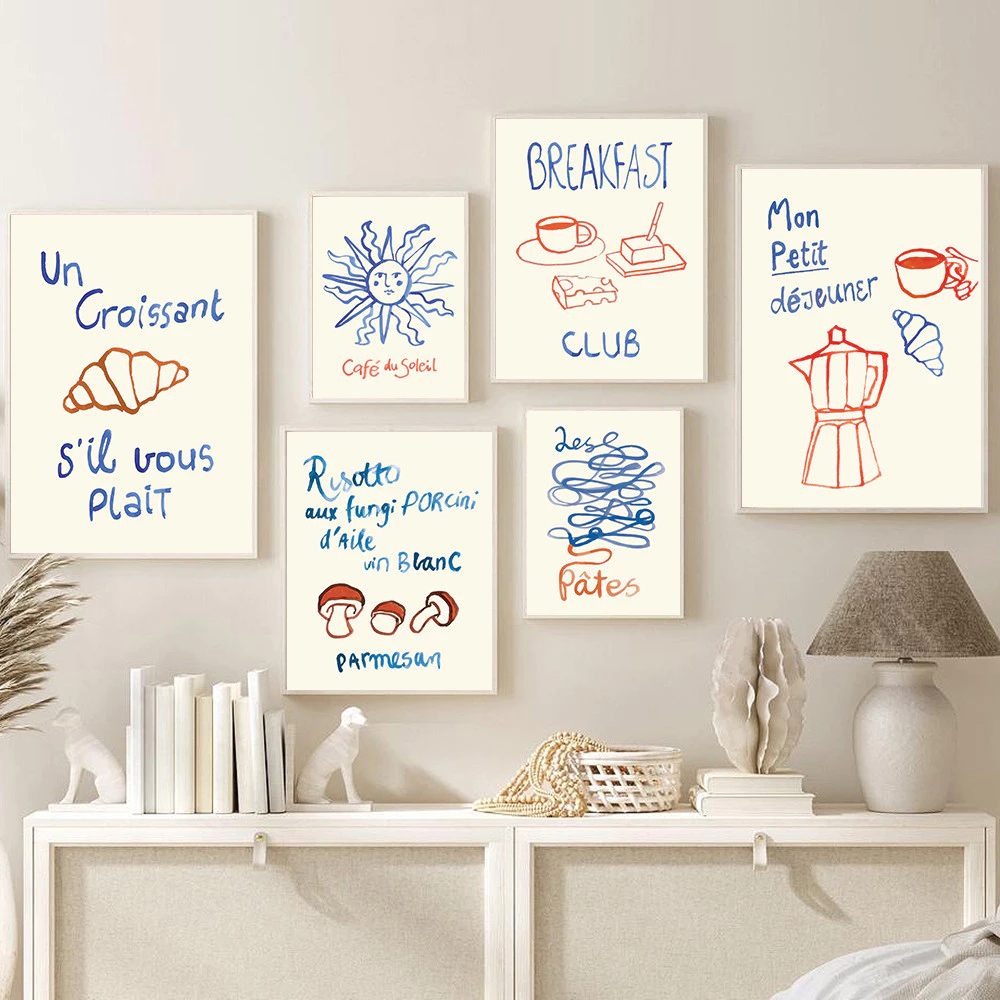 (พร้อมส่งจากไทย ภาพรวมกรอบ)ภาพวาด อาหารเช้า Club Risotto Porcini Croissant Fun Cafe ตกแต่งบ้าน คาเฟ่