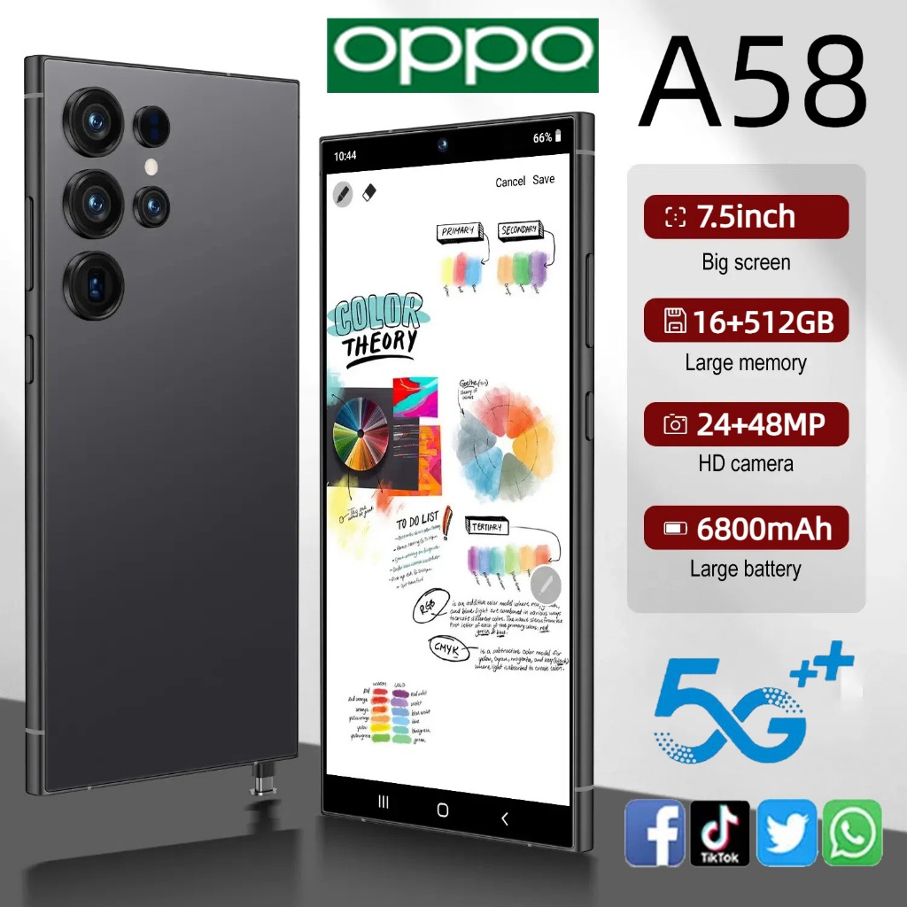 สมาร์ทโฟน OPP0 A58 สมาร์ทโฟน Android 7.5 นิ้ว 16+512GB 5G มือถือใหม่เอี่ยม 6800 mAh รับประกัน 1 ปี