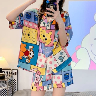 ชุดนอนคอปก ชุดนอนผู้หญิง ชุดนอนลายการ์ตูน ผ้าคอตตอน เสื้อแขนสั้น+กางเกงขาสั้น ชุดนอนน่ารัก ผ้านิ่มมาก งานใส่สบาย EL