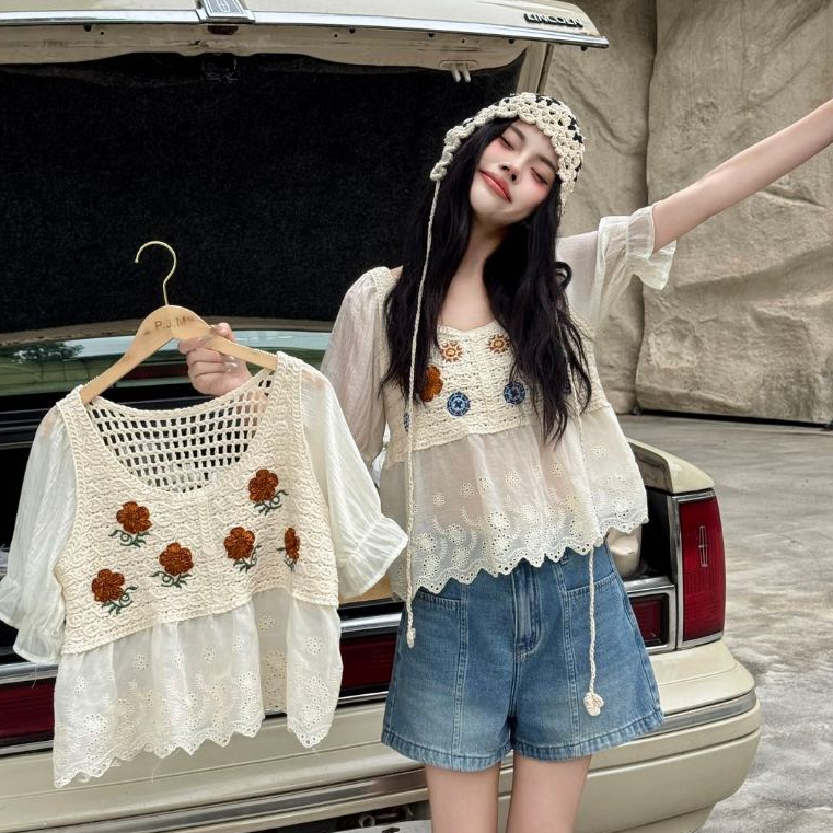 fashiongirl1688เสื้อถักสำหรับผู้หญิงแขนสั้นแต่งระบาย เป็นผ้าลูกไม้ ทรงสไตส์ครอป ดูน่ารักน่าทะนุถนอม