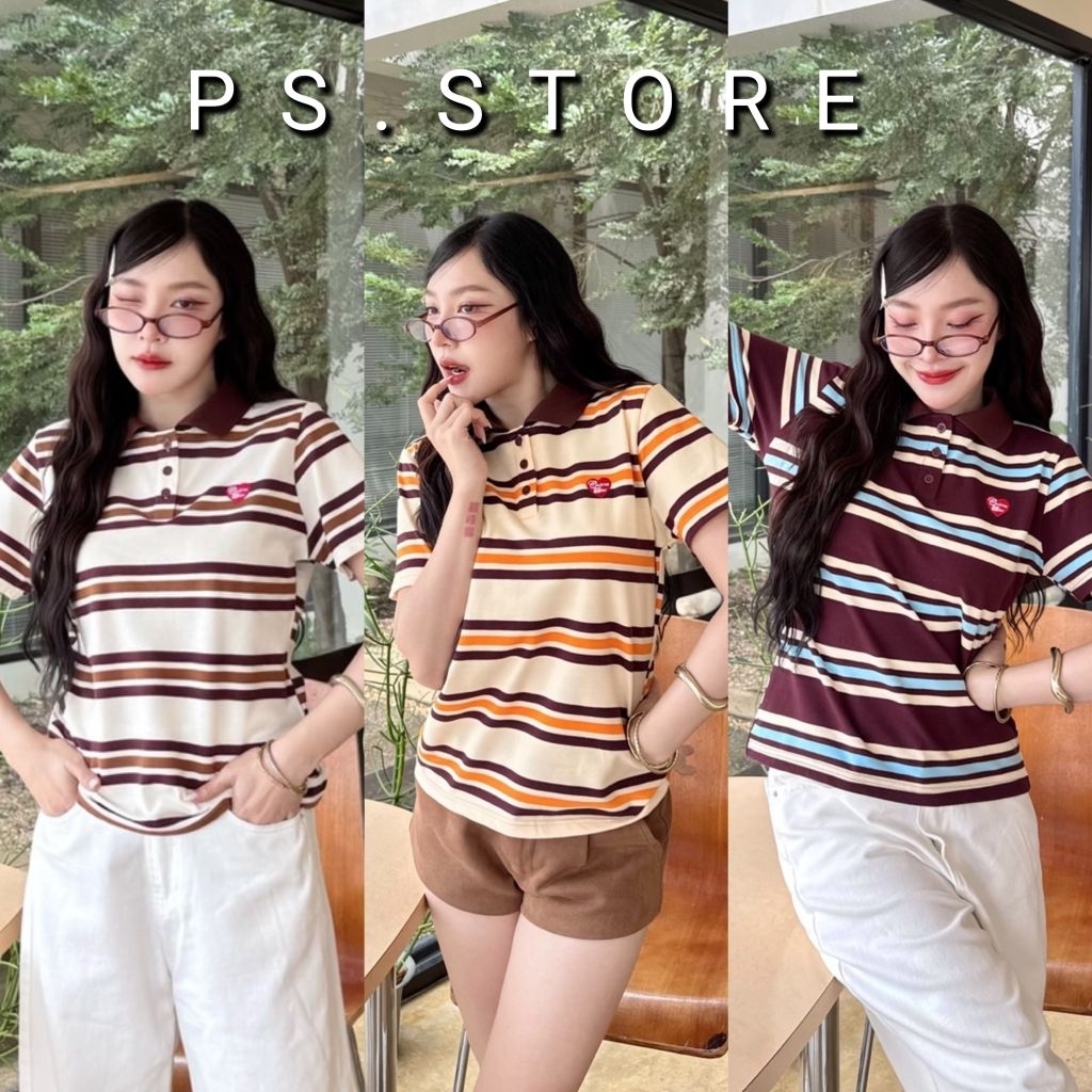 Polo top  : เสื้อคอปกโปโลแขนสั้นลายริ้ว กระดุมใช้งานจริง ผ้านิ่มใส่สบาย ราคา ถูกที่สุด ดีลบีเคเค แกลเลอรีภาพที่ 2