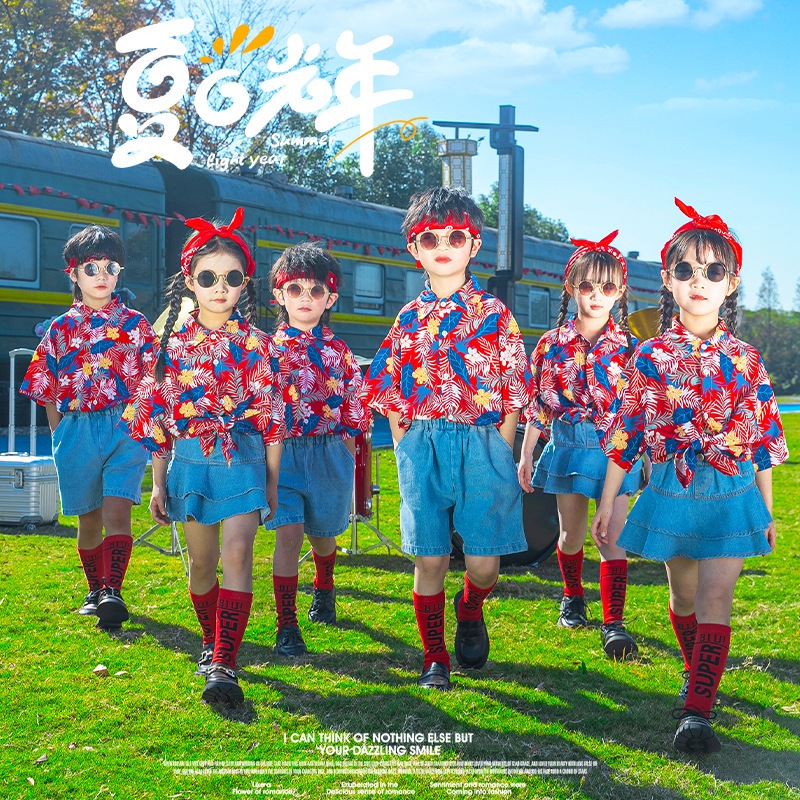 (พร้อมส่งในไทย) ชุดเสื้อลายดอกไม้สไตล์ฮ่องกง ชุดเชียร์ลีดเดอร์เด็ก ชุดการแสดง (ครบเซ็ต)
